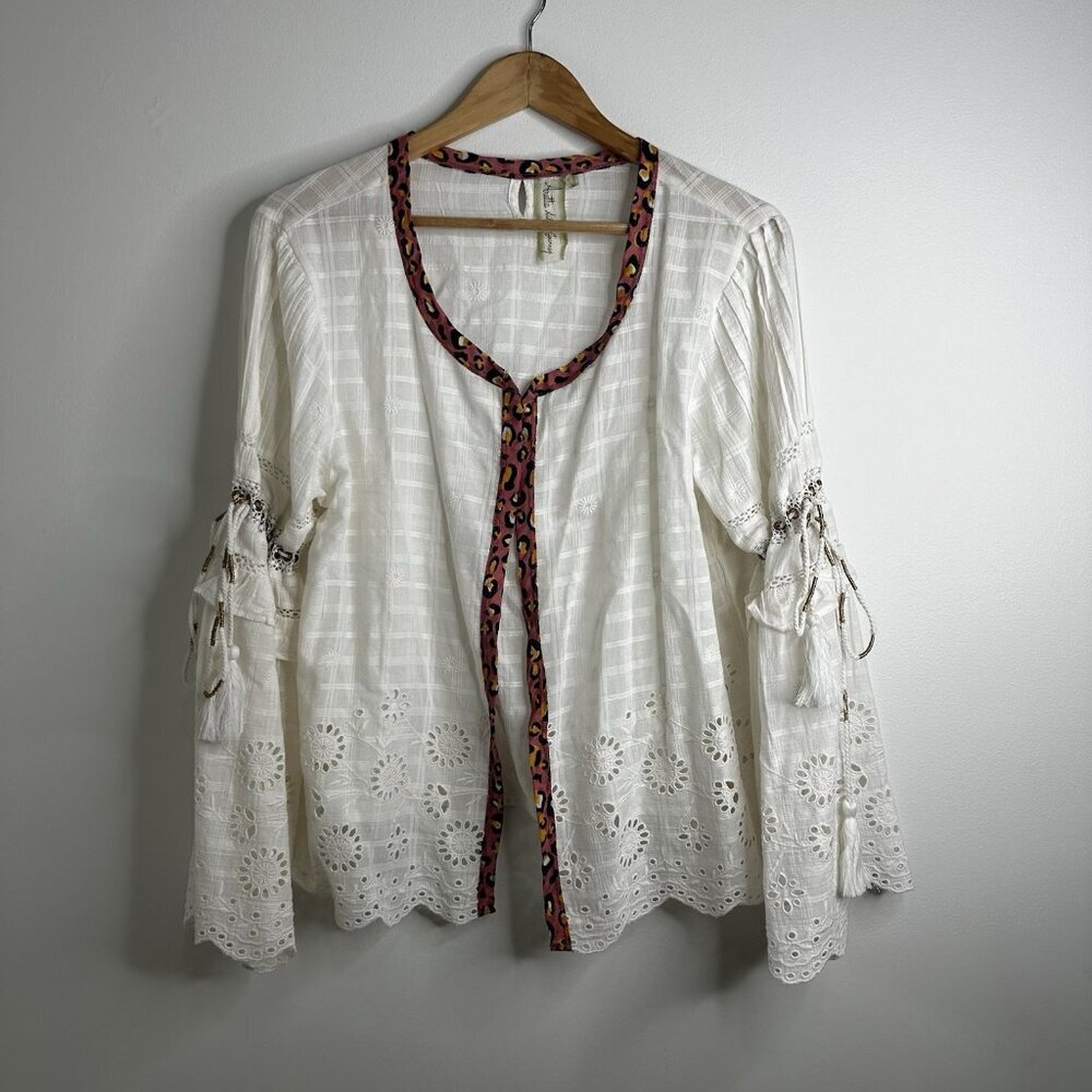 Aratta Silent Journey Open Kimono Top Floral Boho‎ Bell Sleeve Eyelet Festival L